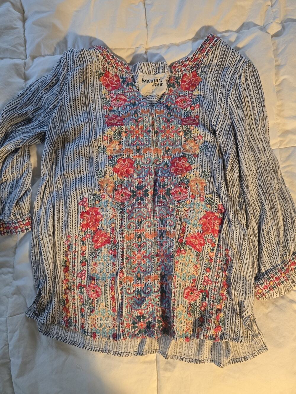 Savanna Jane Small Women's Top Black & White With Floral Embroidery small tunic